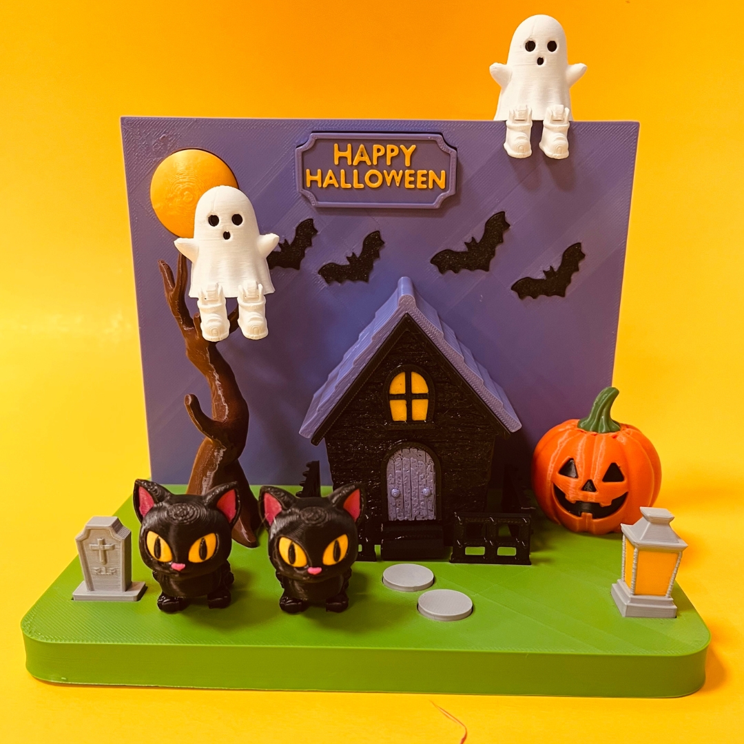 Halloween Diorama featuring Flexi Ghost, Cat, and Pumpkin Passthrough